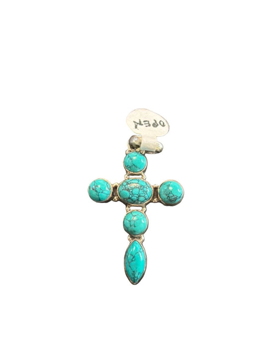 Sterling Silver Turquoise-Colored Cluster Cross Pendant - Turquoise Mustang