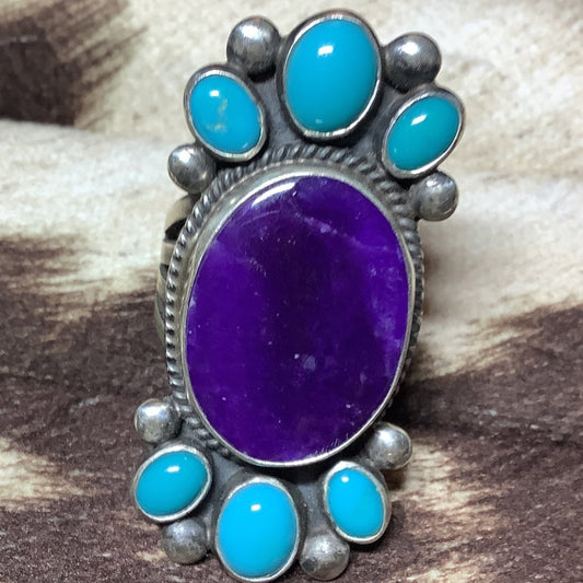 Ring, Oval Sugilite with 6 Sleeping Beauty,Verdy Jake - Turquoise Mustang