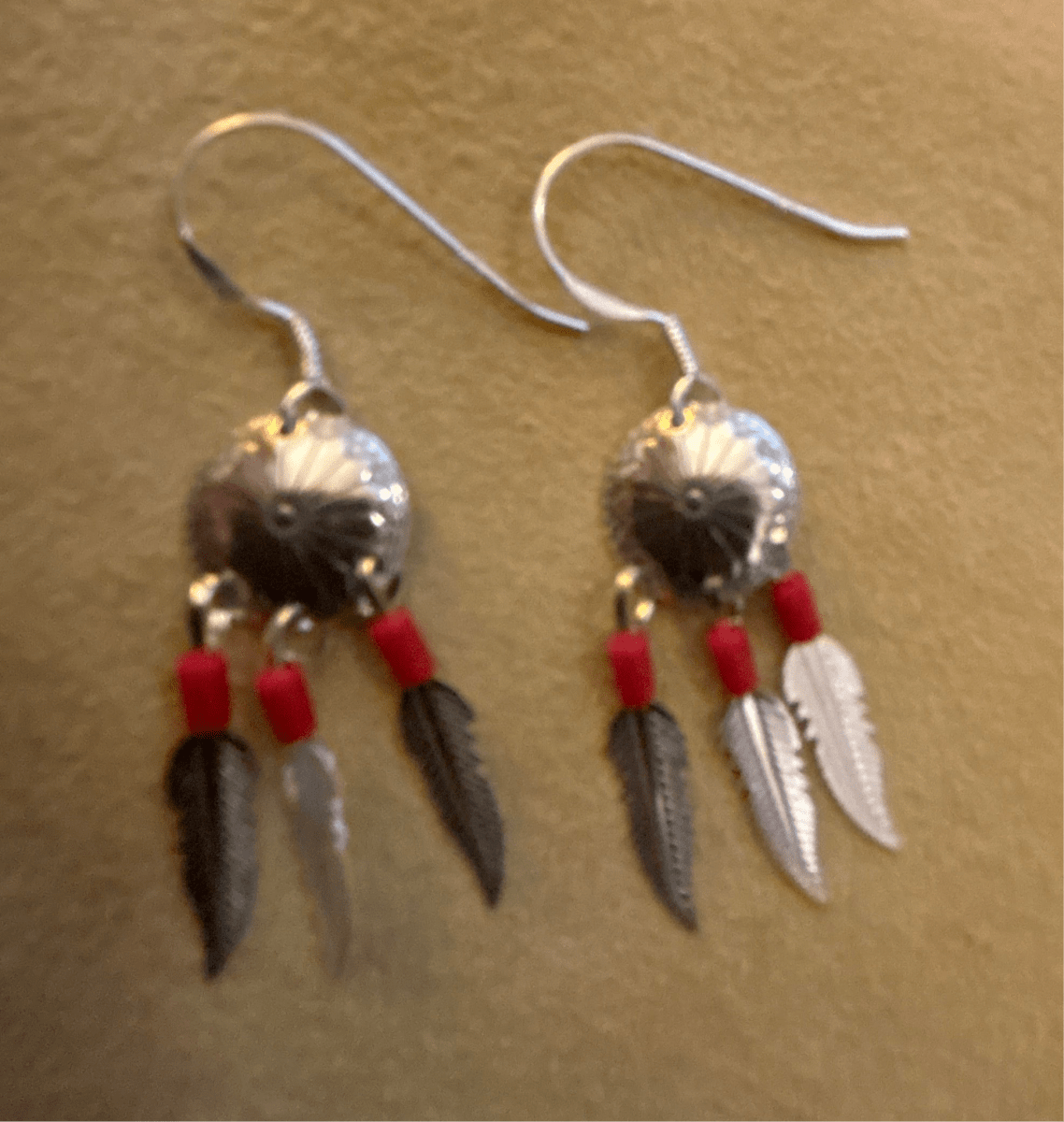 Small Sterling Silver Concho Stud Earrings with 3 Feather Drops - Turquoise Mustang