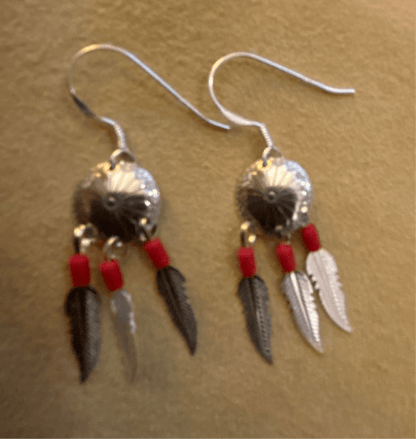 Small Sterling Silver Concho Stud Earrings with 3 Feather Drops - Turquoise Mustang