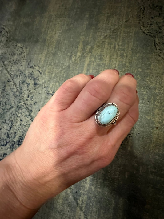 Golden Hills Ring With File Work Bezel by J. Francisco - Turquoise Mustang
