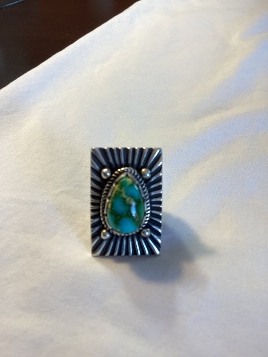 Ring, Sonoran Gold Pear, cut sunburst plate, Heavy By Hand Derrick Gordon - Turquoise Mustang