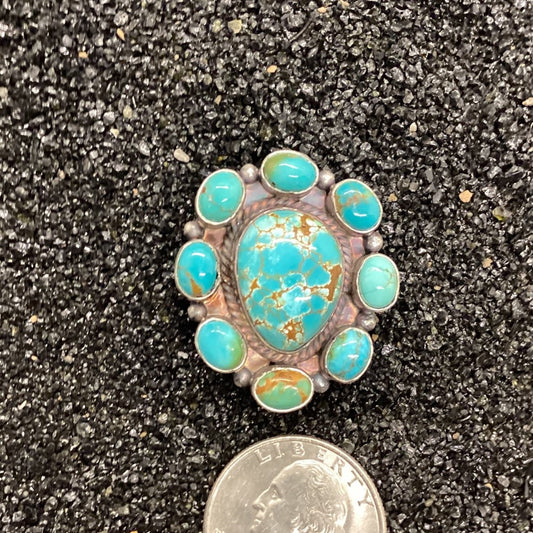 Ring, 9 Stone Cluster Number Eight w 8 bezel, Peterson Johnson - Turquoise Mustang