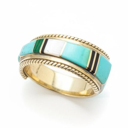 Zuni Multi - Color Inlay Sterling Silver Stacker Ring, Size 13 Deidre Luna - Turquoise Mustang