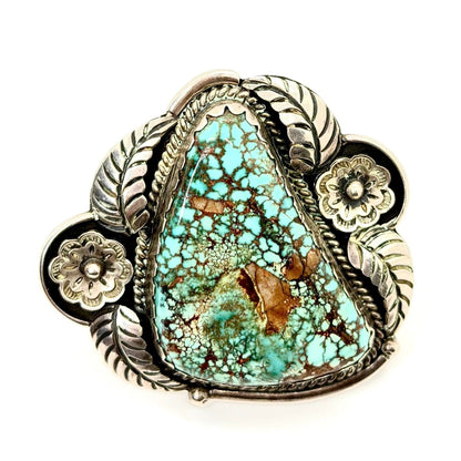 Vintage Navajo Turquoise 3 - Piece Statement Set — Mega Cuff, Ring & Belt Buckle | Sterling Silver Rosette & Leaf Appliqué, Thompson Platero - Turquoise Mustang