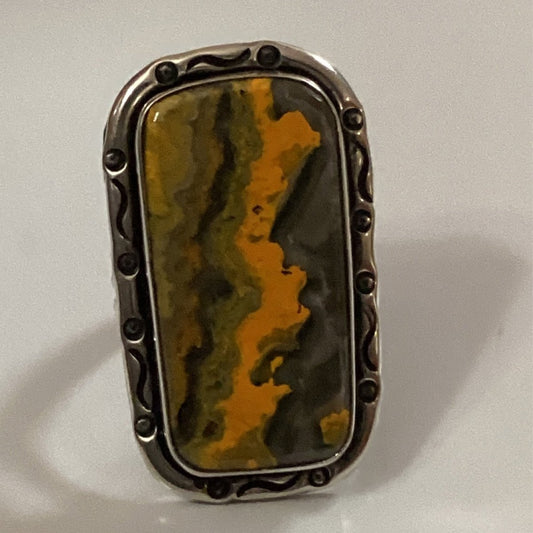 Ring, Bumblebee, rectangle, filework bezel, size 11, Florence Tahe - Turquoise Mustang