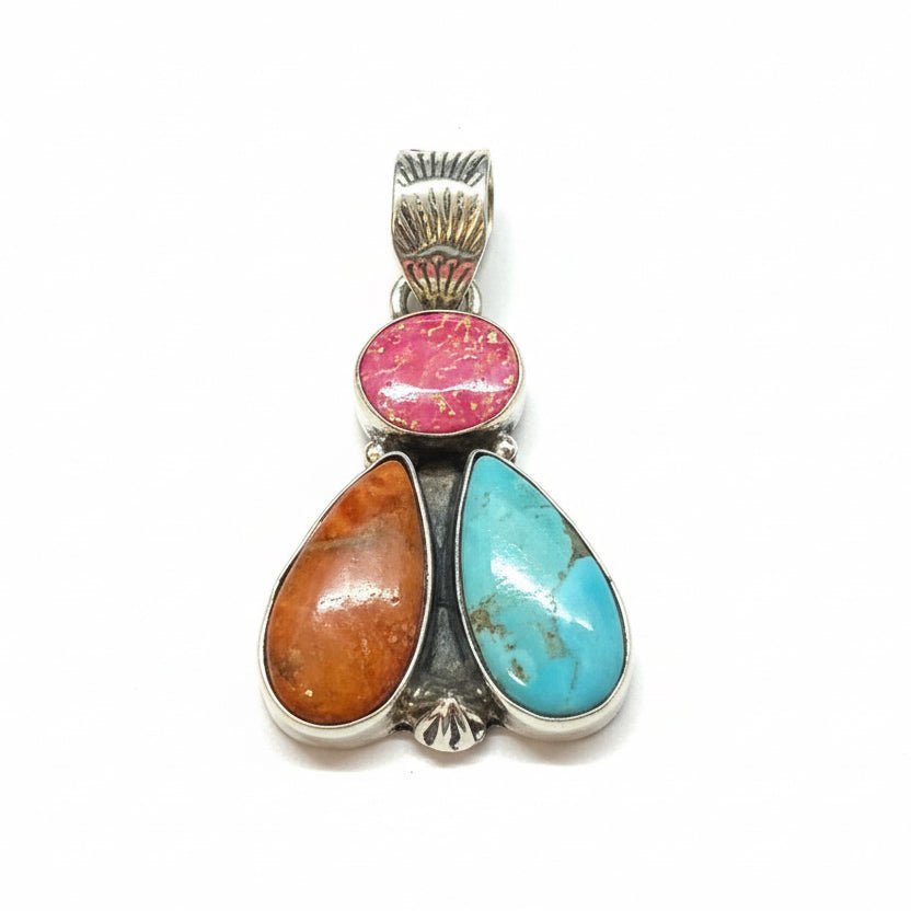 Apple Coral, Turquoise and Lab Opal Cluster Pendant - Turquoise Mustang