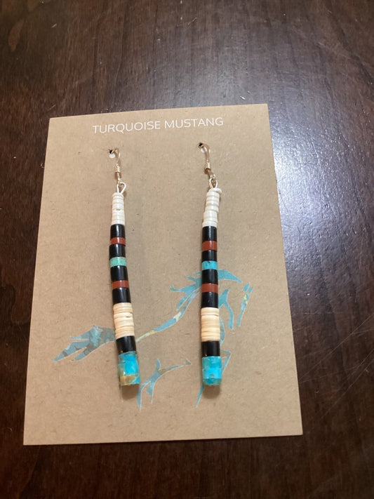Earrings, Stick style, Pin Shell, Apple Coral, Heishi, Mary Calabaza - Turquoise Mustang
