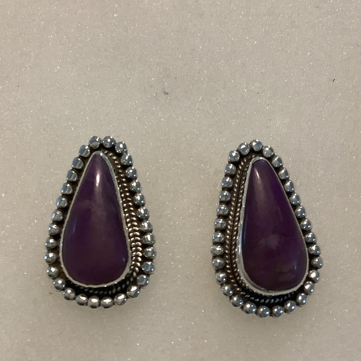 Earrings Small Purple Spiny Oyster teardrop Cabs, ball bezel, DD (1) - Turquoise Mustang