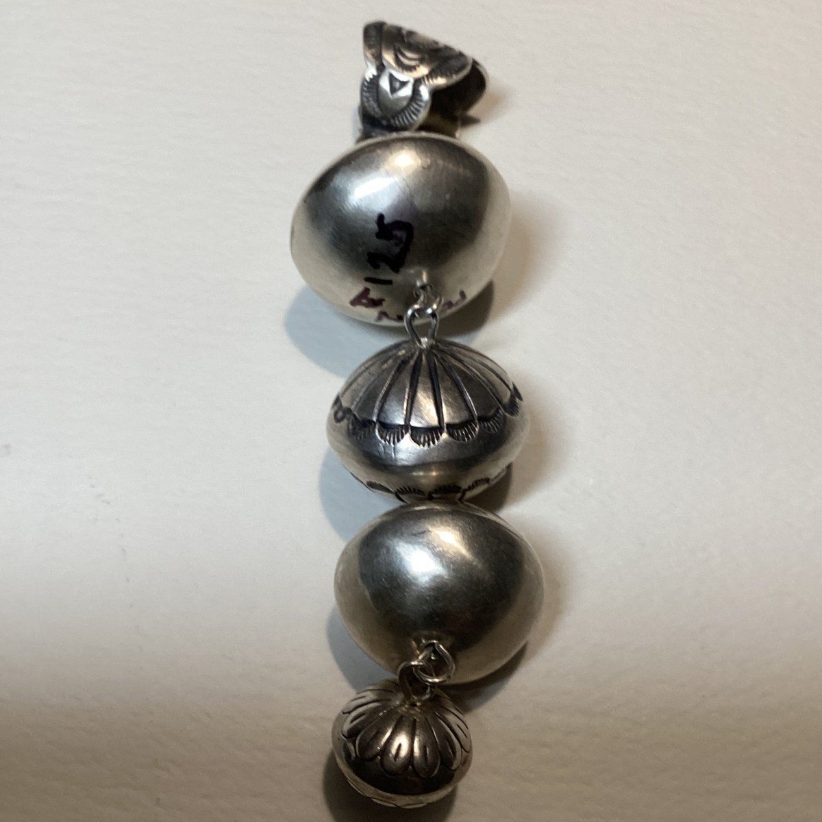 Pendant, 4 large Saucer beads stacked vertically, stamped bail., Navajo cir. 1950 - Turquoise Mustang