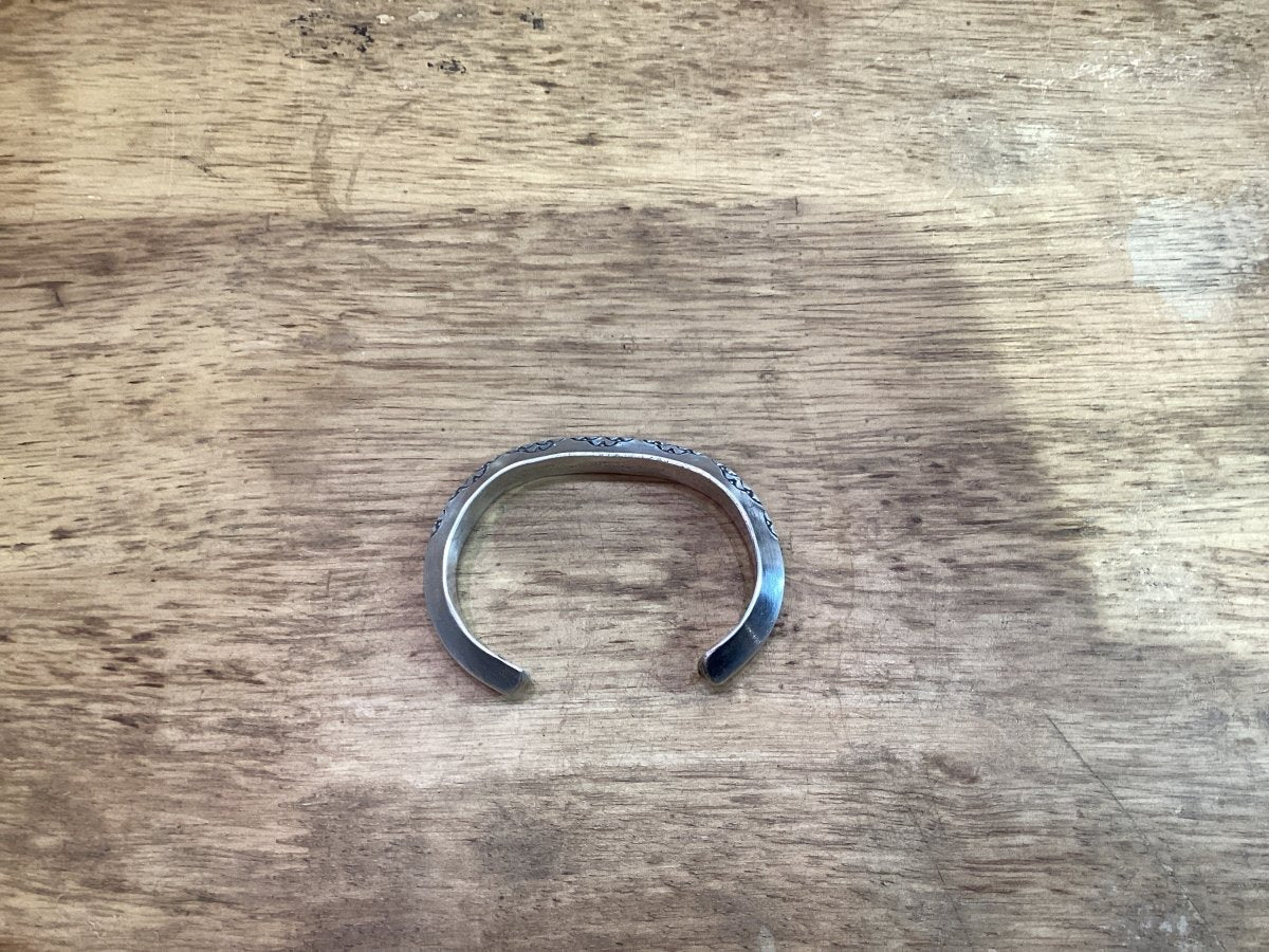 Bracelet, Early (circa 1970) heavy triangle wire, stamped cuff attributed to Tahe family - Turquoise Mustang