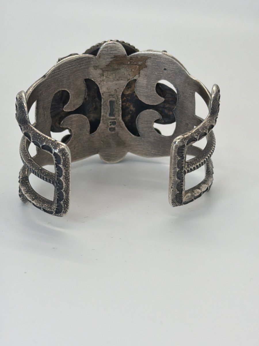 Tufa Cast with Stampwork Cuff Bracelet, Lg. Oval 8, Robert Delgarito - Turquoise Mustang