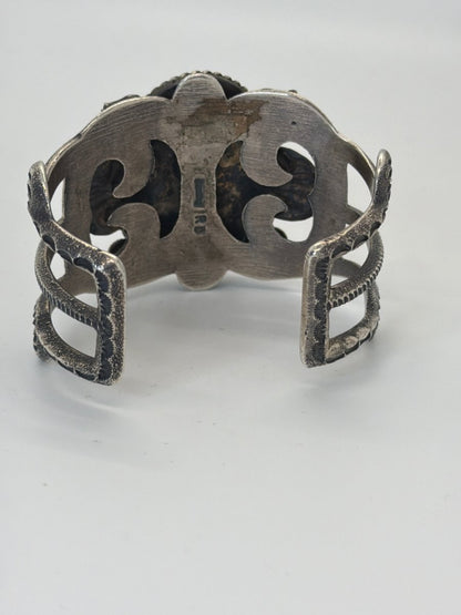 Tufa Cast with Stampwork Cuff Bracelet, Lg. Oval 8, Robert Delgarito - Turquoise Mustang