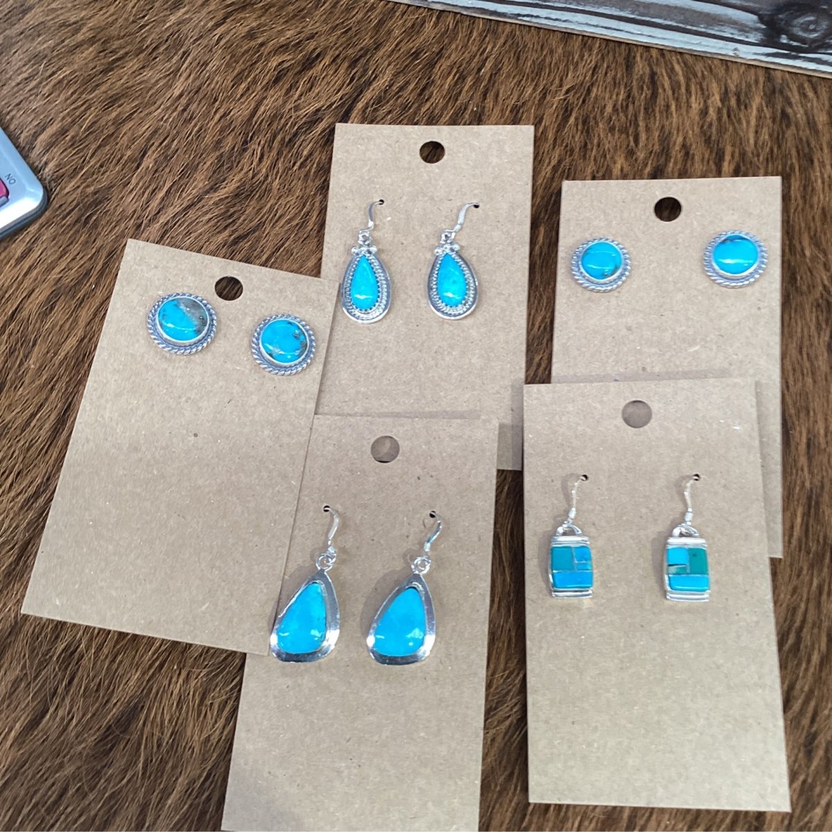 Earring, assorted dangles and studs, bright blue Kingman, First American Traders - Turquoise Mustang