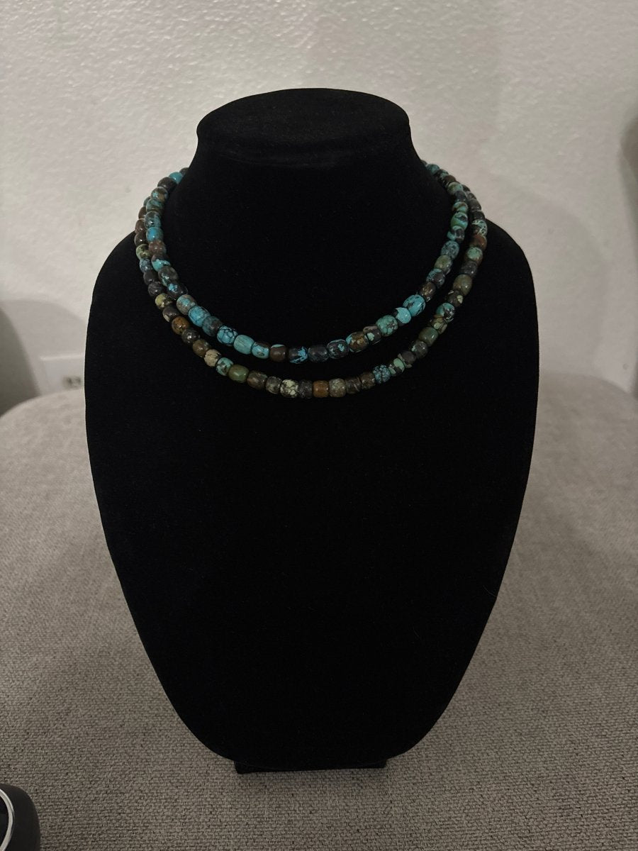 16” Cloud Mountain Turquoise Barrel Bead Necklace - Turquoise Mustang