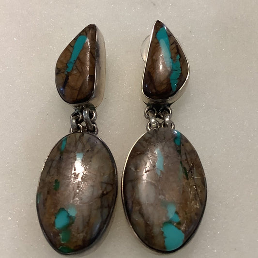 Earrings, Royston Ribbon Turquoise Cab, Pear studs w Oval Drops, plain bez, stud, DD - Turquoise Mustang