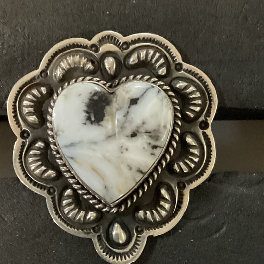 Ring, White Buffalo Heart, Repoussee Shield and Rope Bezel, Charley Willie - Turquoise Mustang