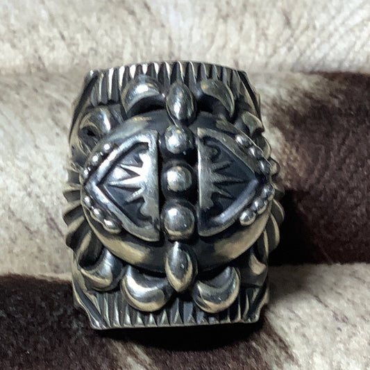 Repoussee and Stamped Silver Ring, Delbert Gordon - Turquoise Mustang