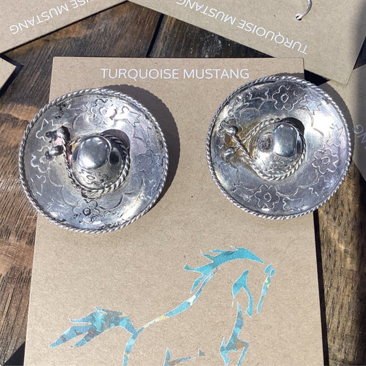 Earrings, silver Taxco, Sombreros, screw on, taxco - Turquoise Mustang