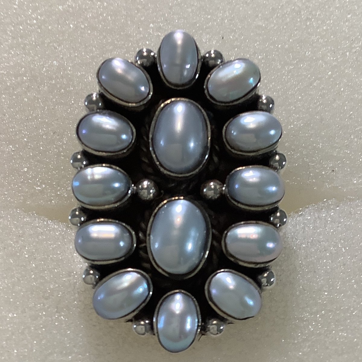 Ring, Pearl, 2 oval Center with 12 oval pearl cluster, DD (1) - Turquoise Mustang