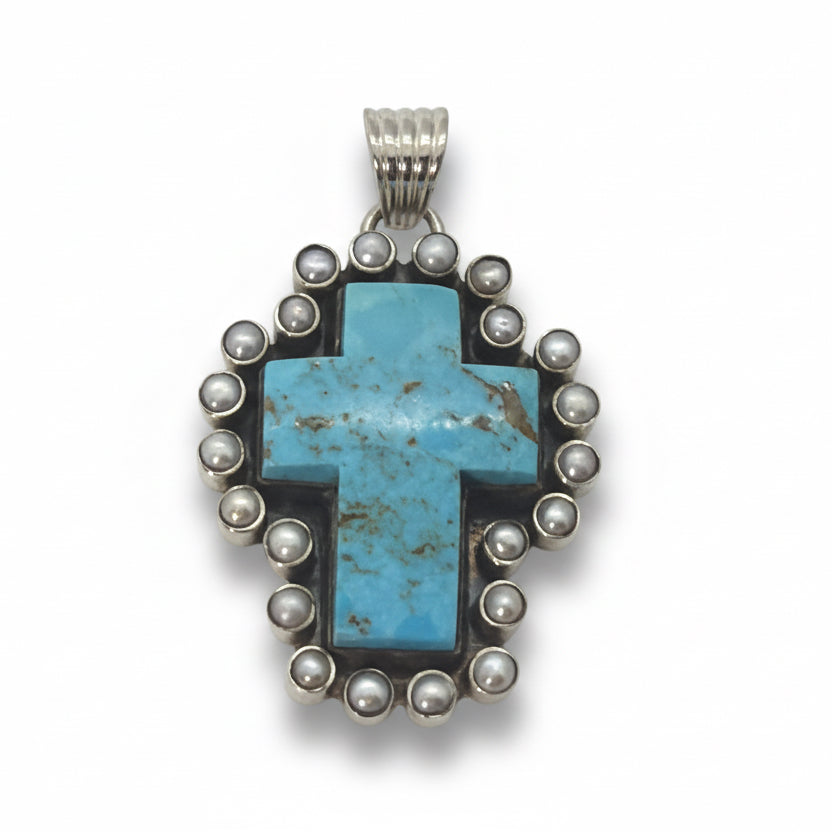 The Quaker Ladies Cross Premium Blue Kingman Turquoise and Pearl Pendant - Turquoise Mustang