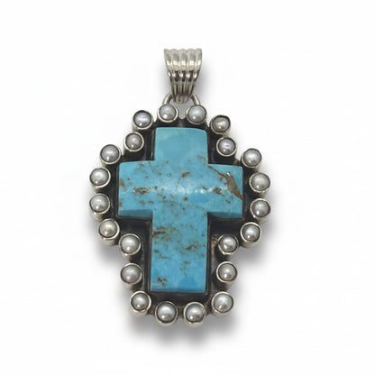 The Quaker Ladies Cross Premium Blue Kingman Turquoise and Pearl Pendant - Turquoise Mustang