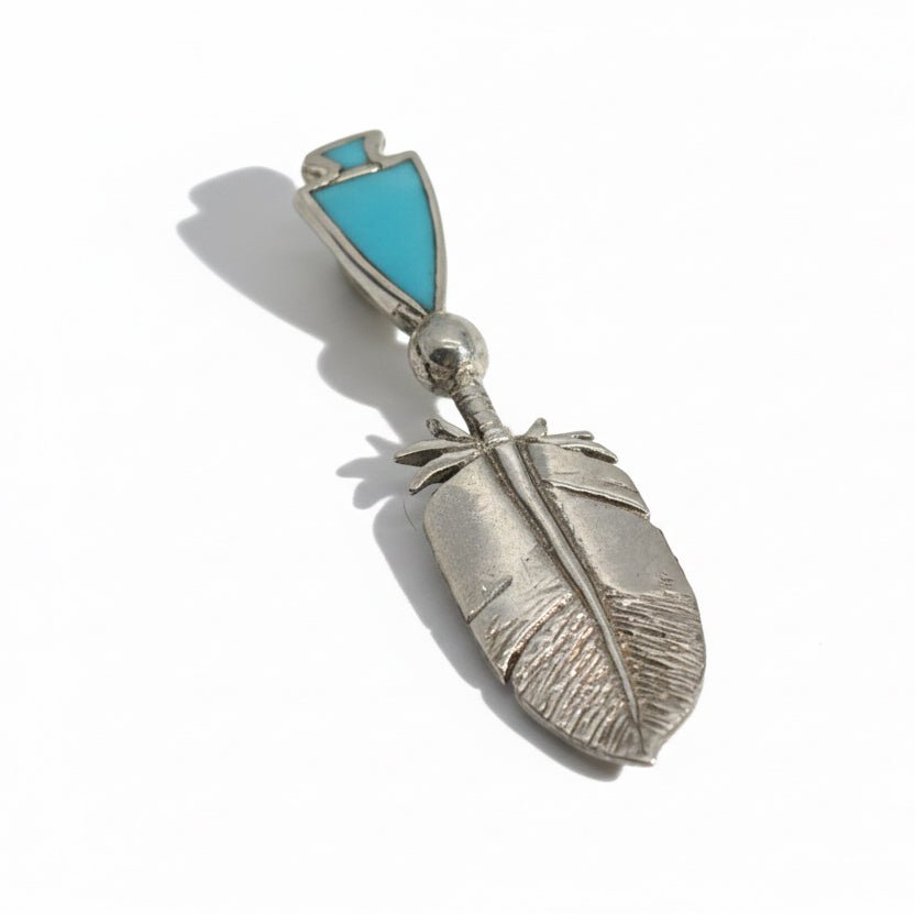 Turquoise Arrow & Feather Dangle Pendant in Sterling Silver - Turquoise Mustang