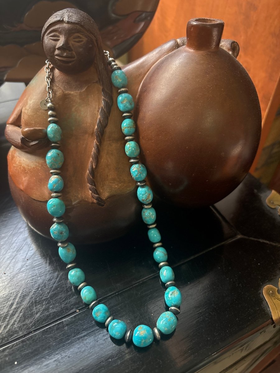 18" 12mm Natural Kingman Potato Beads and 8mm Silver Saucers Necklace - Turquoise Mustang