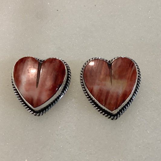 Earrings, Red Spiny Oyster, Hearts w Rope bezel, DD - Turquoise Mustang