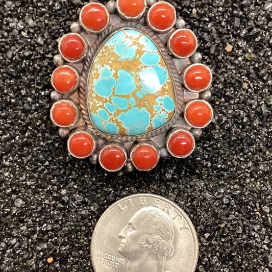 Ring, 14 Stone Cluster Number 8 surrounded by Mediteranean Coral, Peterson Johnson (1) (1) (1) - Turquoise Mustang