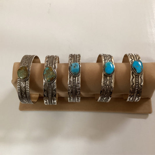 Stamped cuff with free form birdseye Kingman, by Adrian Reeves Long - Turquoise Mustang