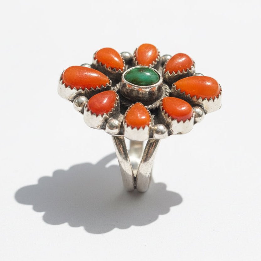 Spiny Oyster & Sonoran Gold Cluster Ring Adjustable by Sheila Tsosie - Turquoise Mustang