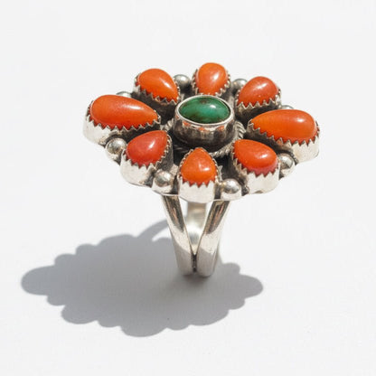 Spiny Oyster & Sonoran Gold Cluster Ring Adjustable by Sheila Tsosie - Turquoise Mustang