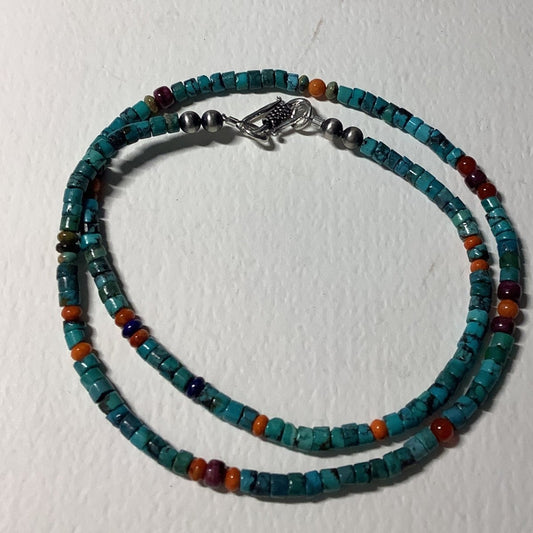 Necklace, 22" 3 - 4mm Spiderweb Heishi w/ Multistone, NP, Turquoise Mustang - Turquoise Mustang