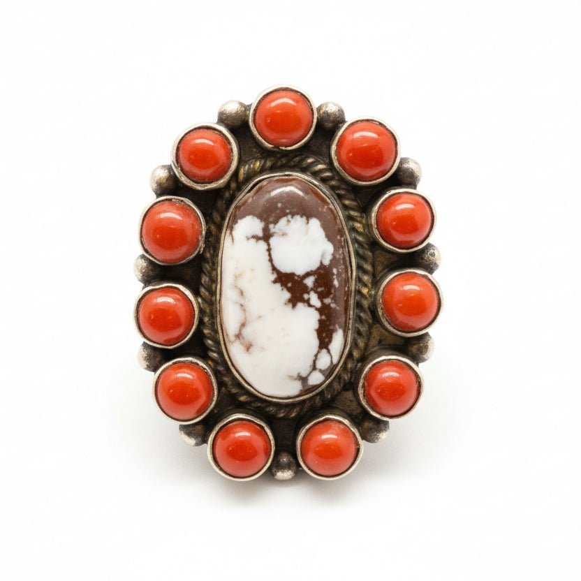Cluster Ring With Wild Horse Oval & Coral Bezel, Adjustable by Peterson Johnson - Turquoise Mustang
