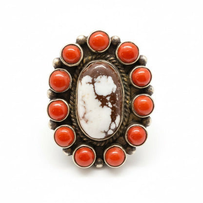 Cluster Ring With Wild Horse Oval & Coral Bezel, Adjustable by Peterson Johnson - Turquoise Mustang