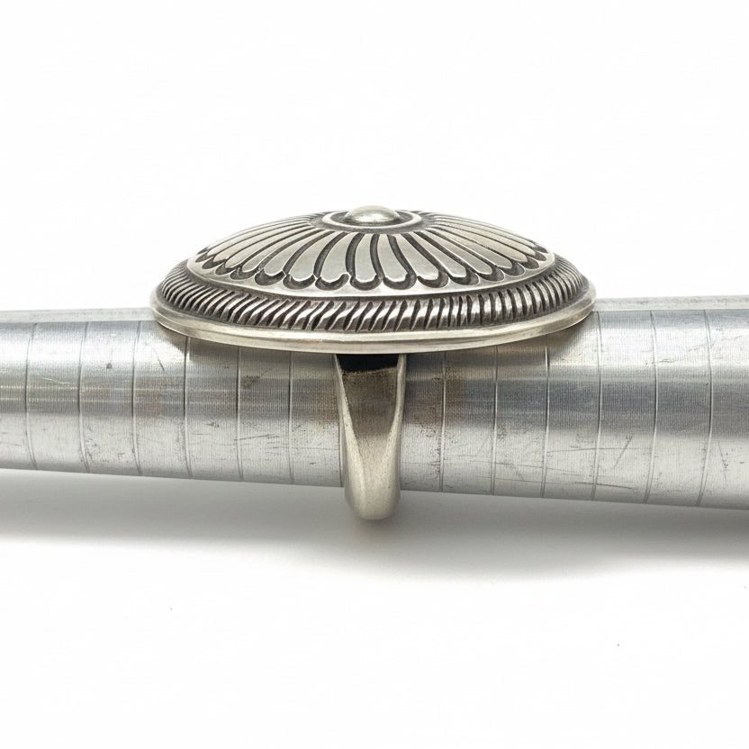 Heavy Round Concho/Shield Stamp Work Ring Size 8.5 by Calvin Martinez - Turquoise Mustang