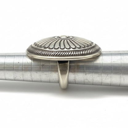 Heavy Round Concho/Shield Stamp Work Ring Size 8.5 by Calvin Martinez - Turquoise Mustang