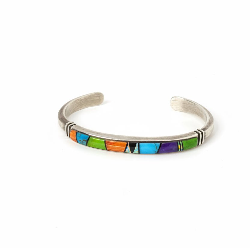 Multi-Stone Vertical Inlay Sterling Silver Cuff, Navajo - Turquoise Mustang