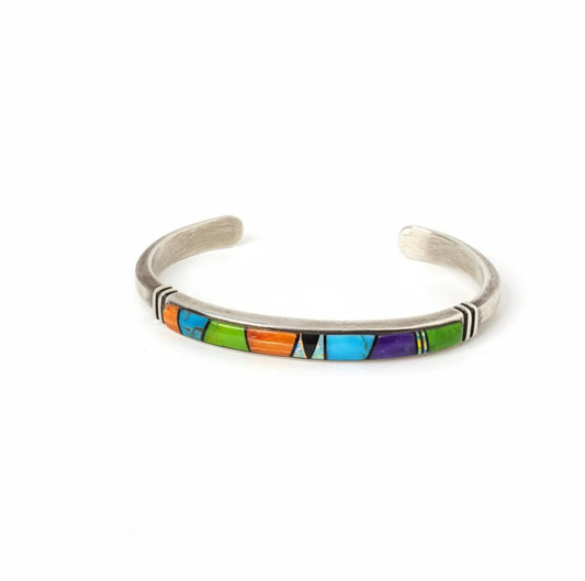 Multi-Stone Vertical Inlay Sterling Silver Cuff, Navajo - Turquoise Mustang