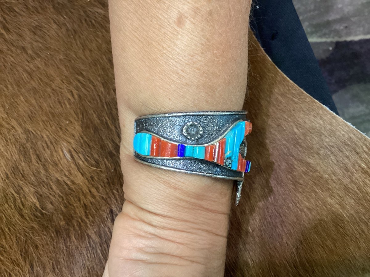 Stunning Tufa Cast with Hummingbird Kachina motif and Cobblestone inlay featuring turquoise,coral, and lapis by Lester James - Turquoise Mustang