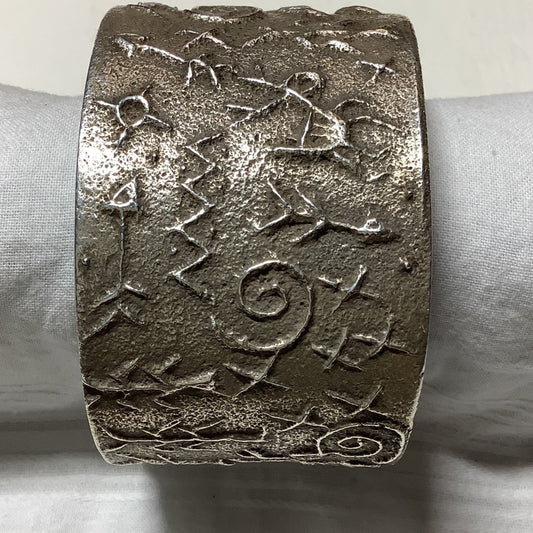 Bracelet, all silver petroglyphs, Tufa cast, Stewart Billie - Turquoise Mustang