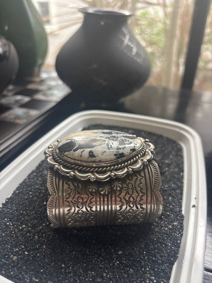 Extra wide cuff, White Buffalo Oval, in Heavy Gauge Sterling Silver by Chris Yazzie - Turquoise Mustang