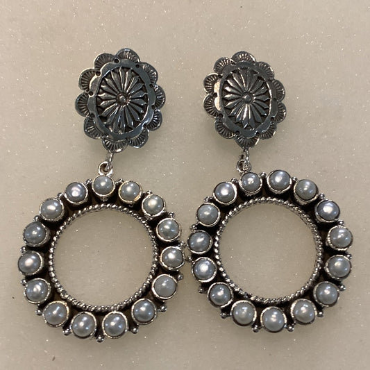 Earrings, Pearl, Concho Stud with Circle Cluster drop, DD (1) (1) - Turquoise Mustang