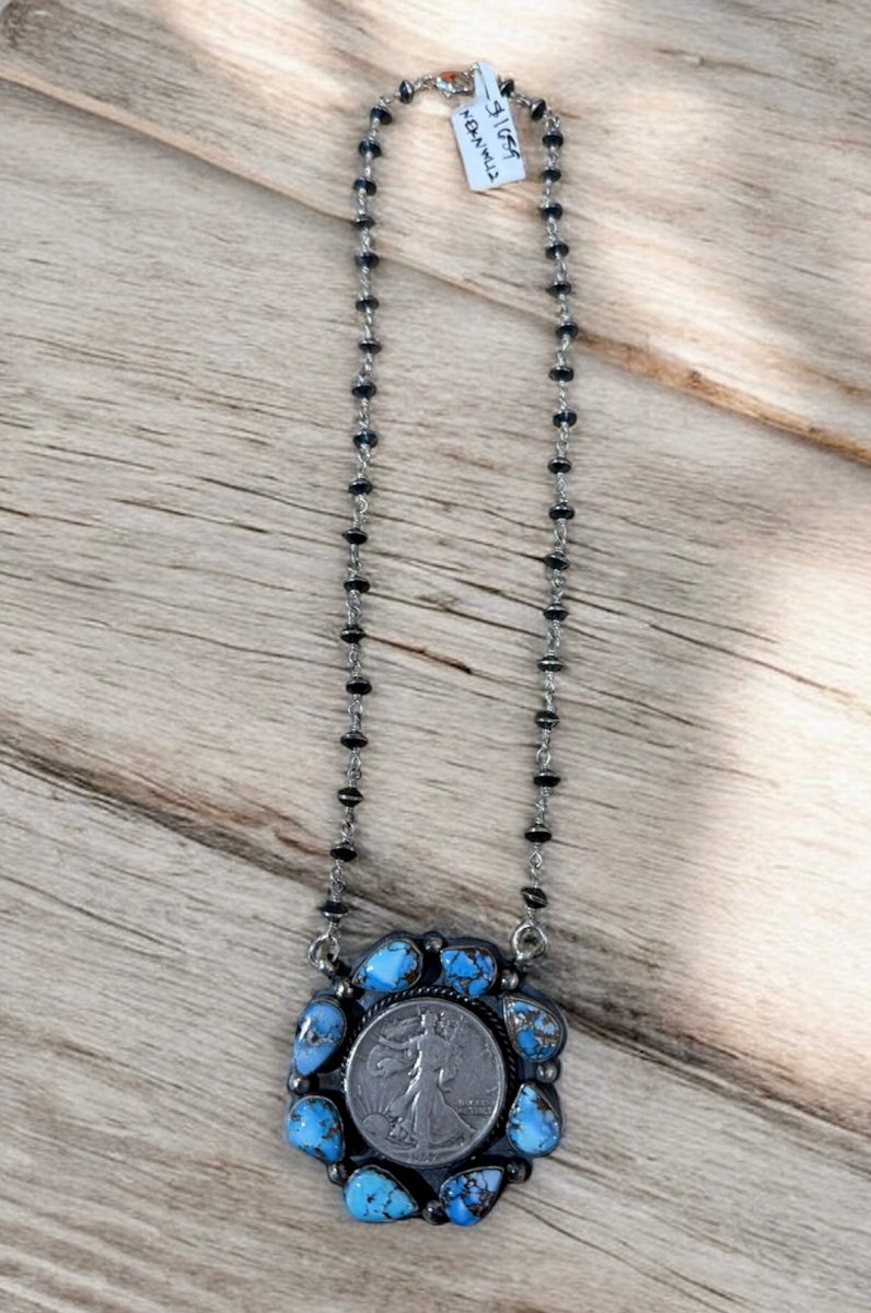 1942 Walking Liberty Silver Dollar with 8 - stone bezel of Teardrop Shaped Golden Hills Cabachons - Turquoise Mustang