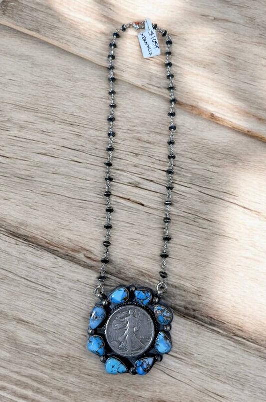 1942 Walking Liberty Silver Dollar with 8 - stone bezel of Teardrop Shaped Golden Hills Cabachons - Turquoise Mustang