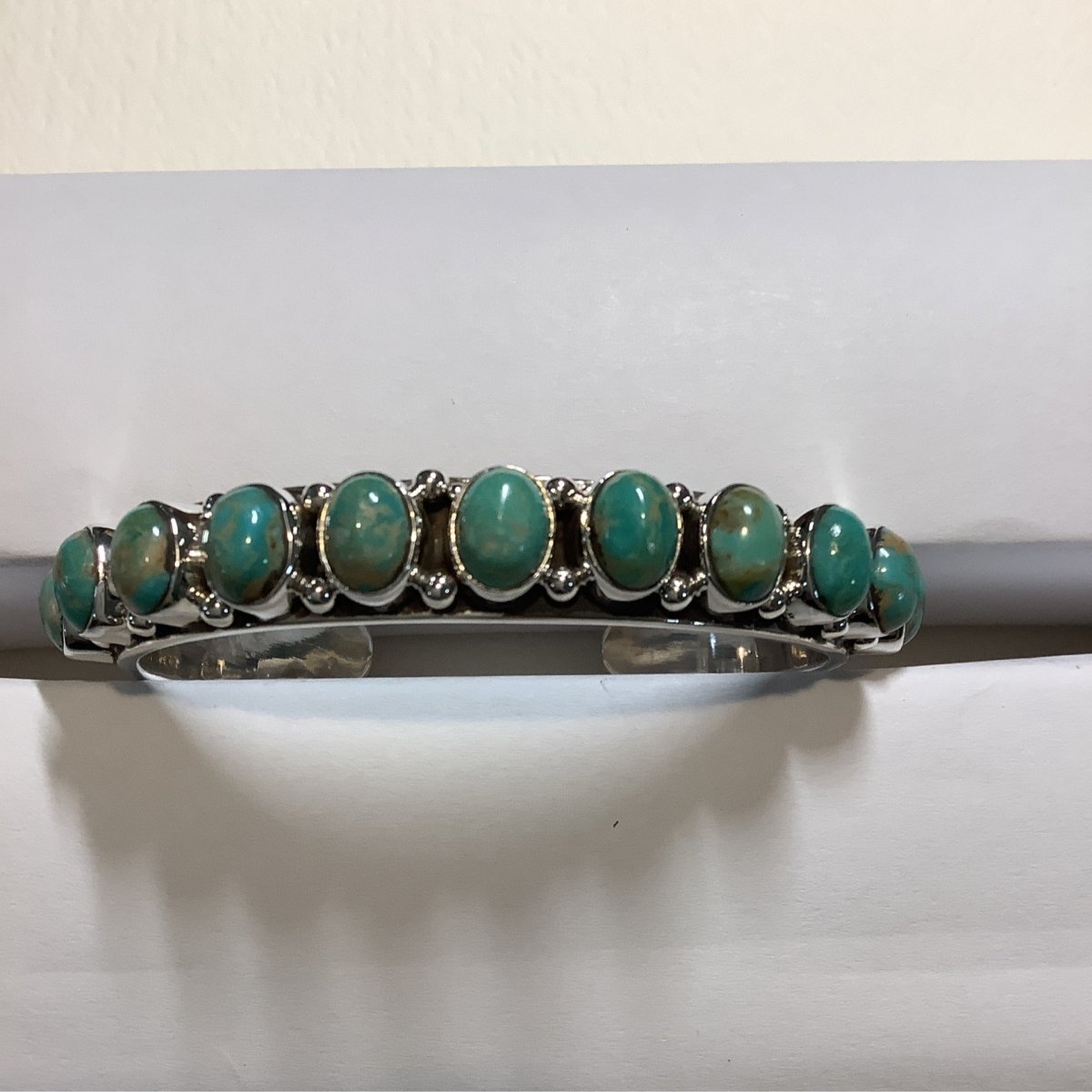 Bracelet, 11 stone Oval GREEN Turquoise Cuff, DD - Turquoise Mustang