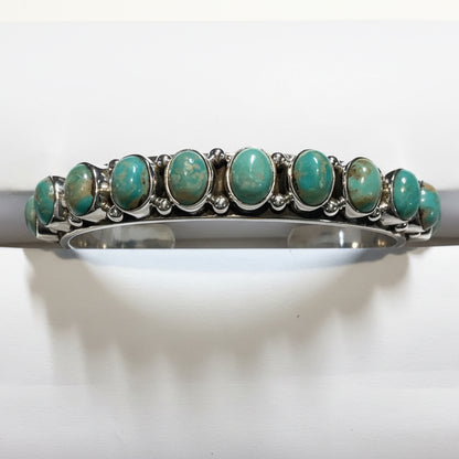 Bracelet, 11 stone Oval GREEN Turquoise Cuff, DD - Turquoise Mustang