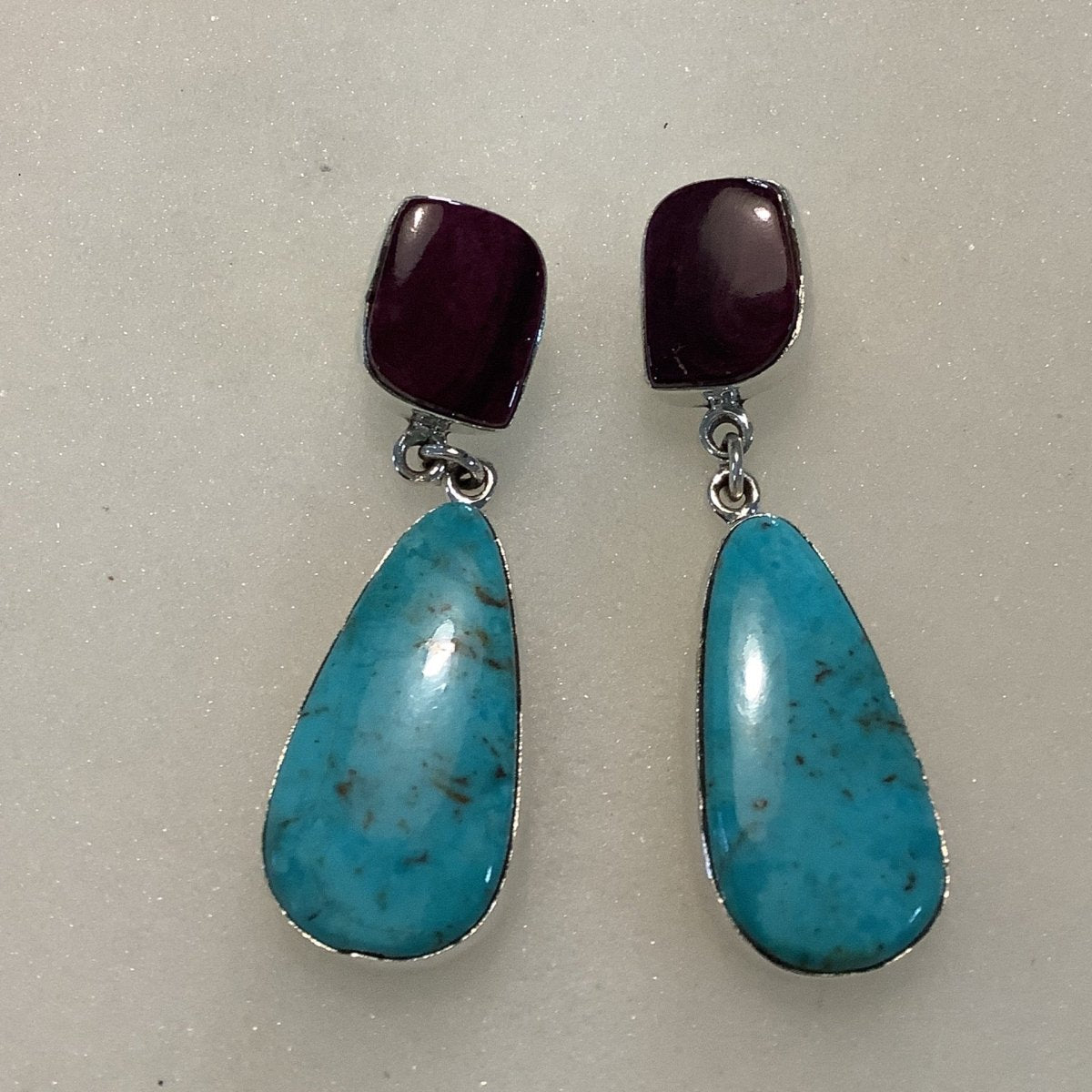 Earrings, Turquoise, Tear drop Cab, Purple Spiny Oyster Studs, DD (1) - Turquoise Mustang