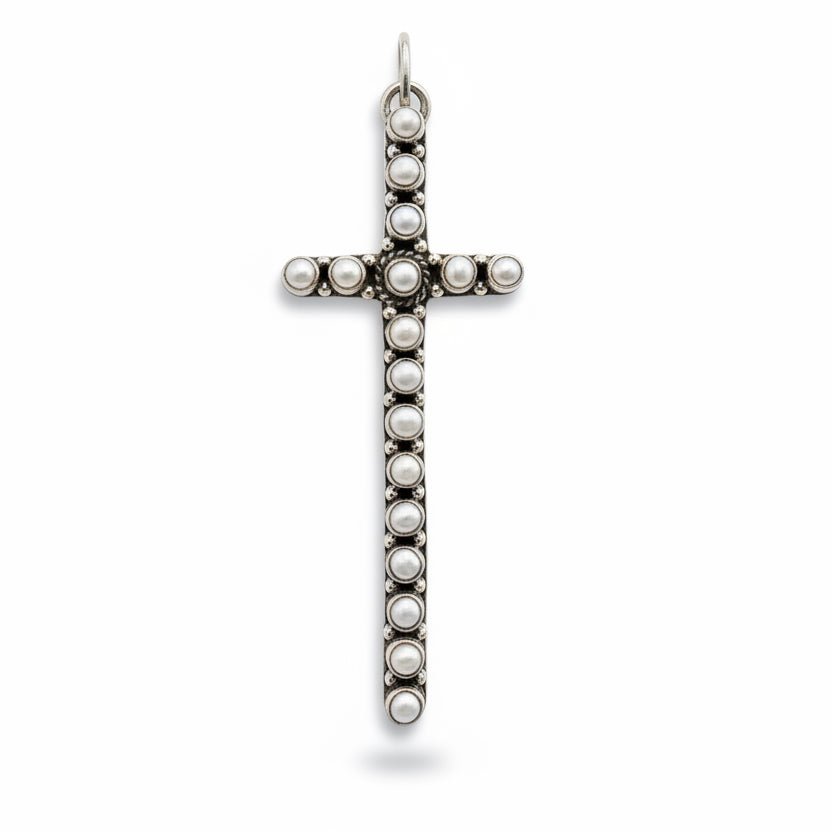 The Morning Glory Narrow Cross in Freshwater Pearl, TM - Turquoise Mustang